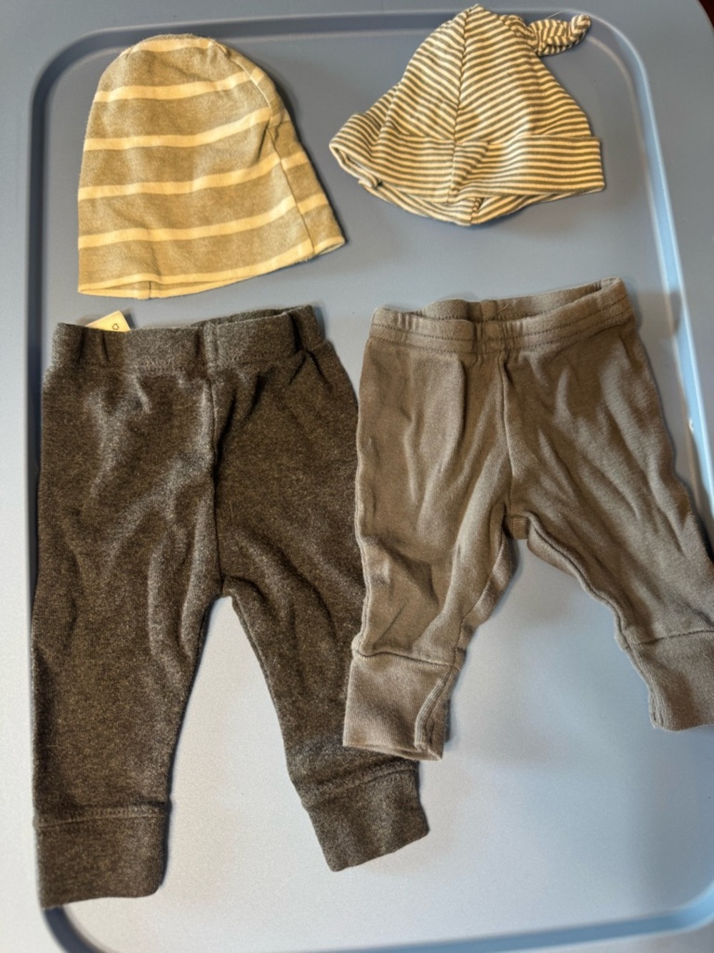 Neutral Gray Baby Pants Set with Striped Hats